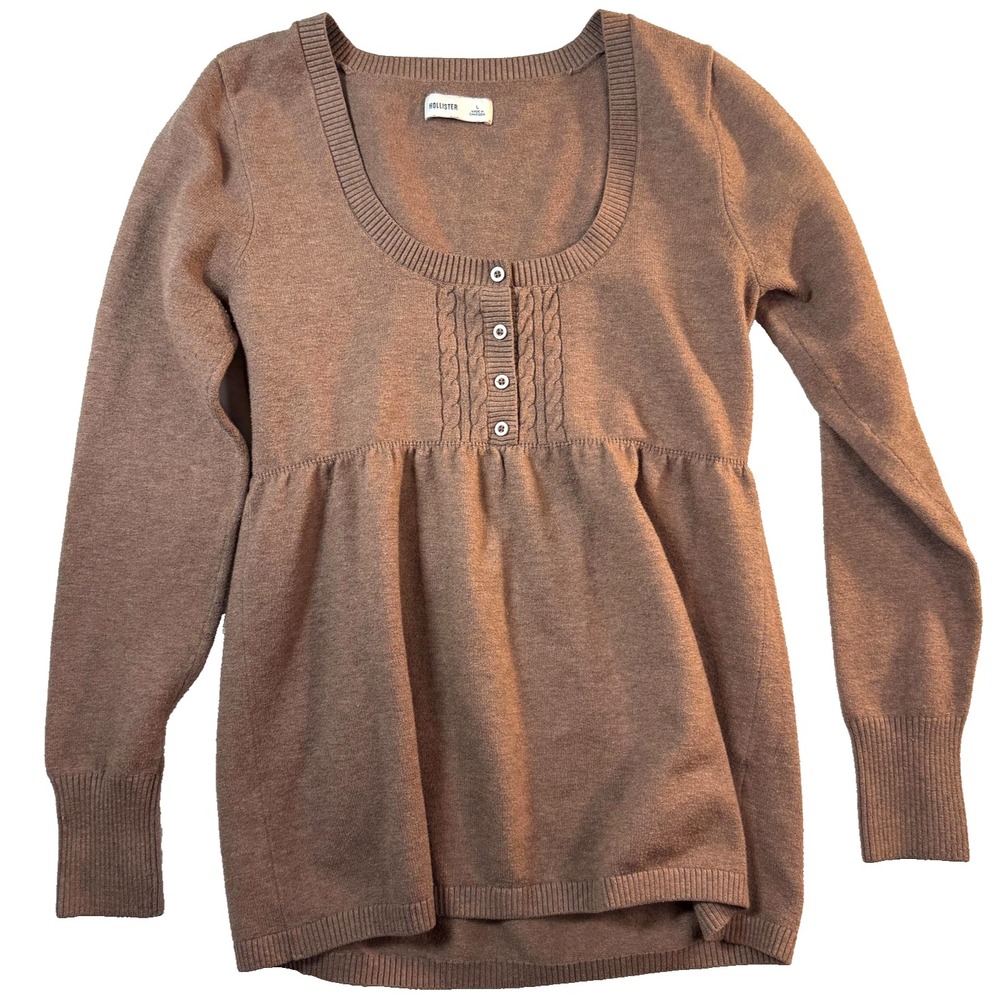 Hollister Y2K Babydoll Top Empire Waist Womens L Brown Knit Tunic Scoop Neck